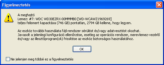 A merevlemez meghajt� teljes felismert kapacit�sa pontatlan.